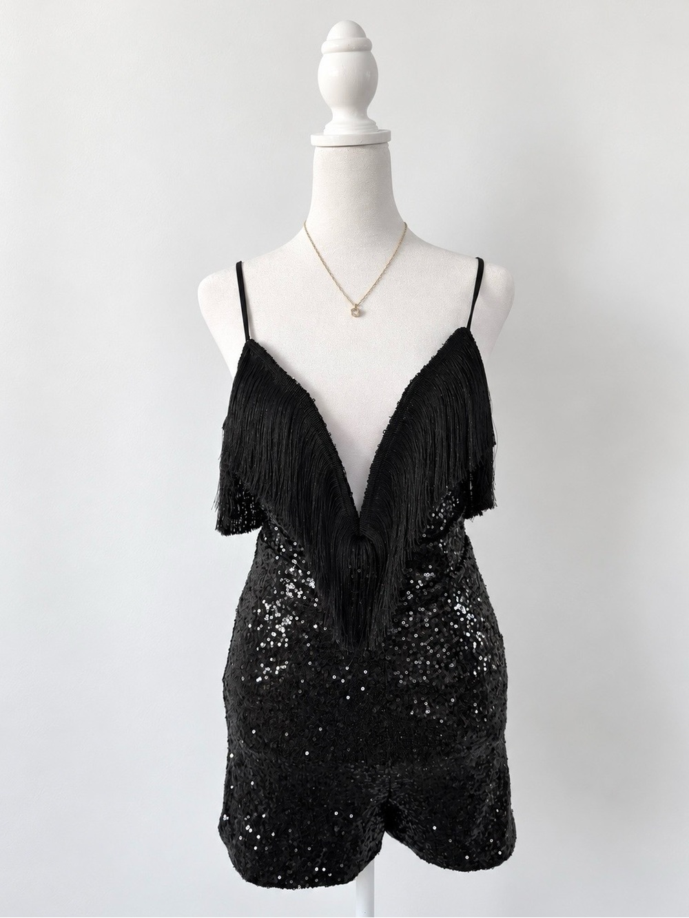 Windsor Black Fringe V-Neck Sequin Women’s Romper
